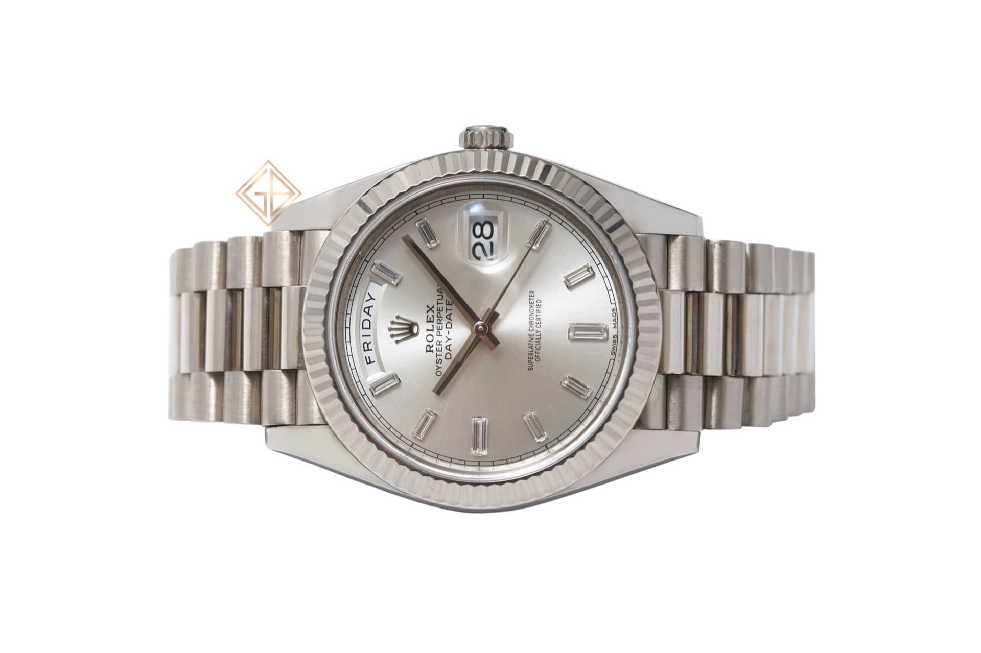 Rolex Day-Date 40 reference 228239 bằng vàng trắng mặt bạc nạm kim cương, ảnh Gia Bảo