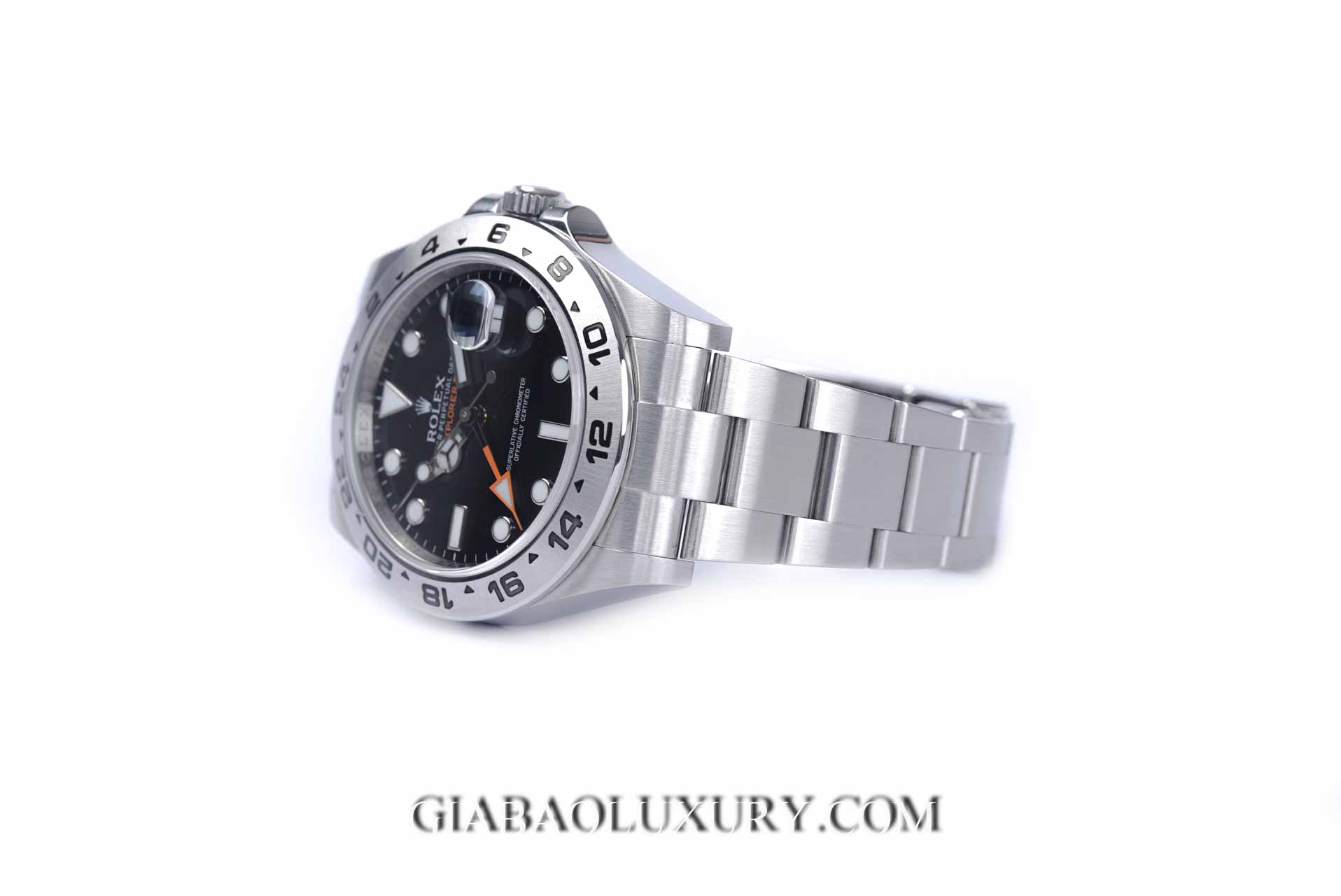 Cạnh vỏ đối diện và dây Rolex Explorer II 216570 mặt đen tại Gia Bảo