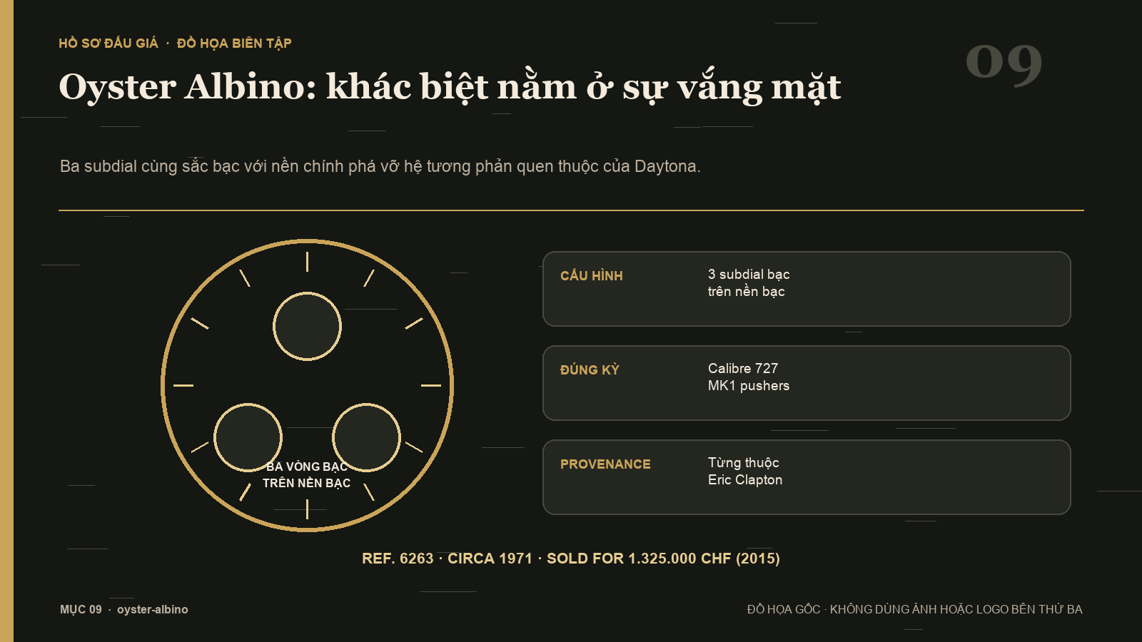 Cấu hình mặt số đồng màu của Rolex Daytona ref. 6263 Oyster Albino